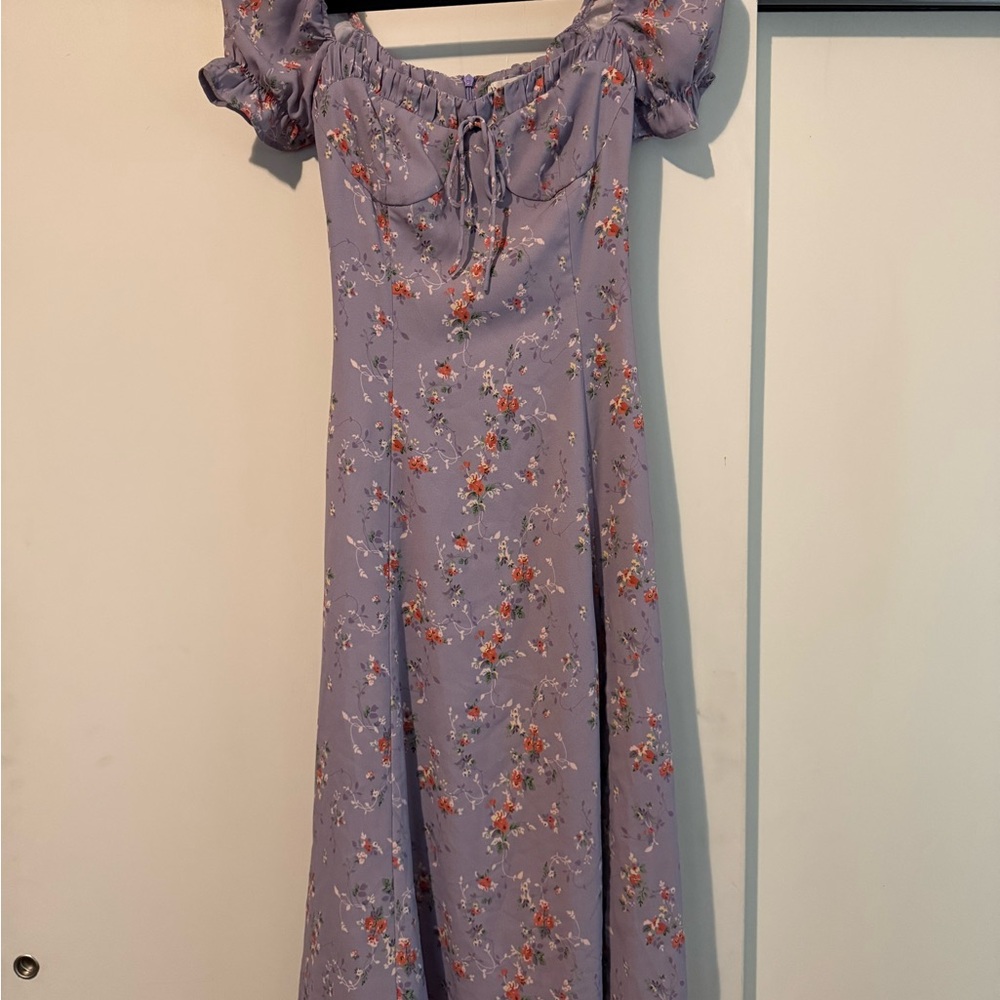 Purple Floral Midi Dress with off the shoulder ruffle